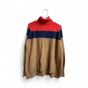 J.Crew Women’s Turtleneck Sweater L Red Navy Camel Colorblock Merino Wool Alpaca